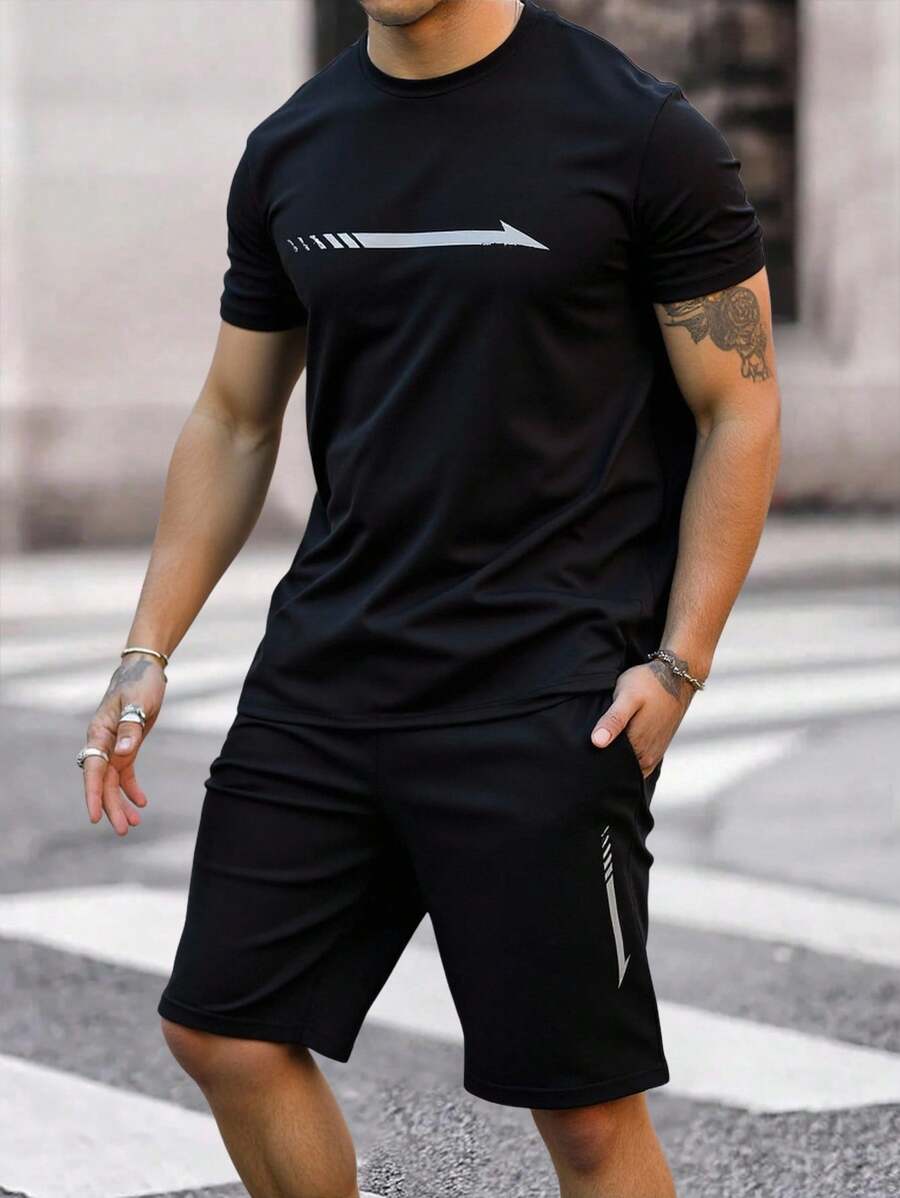 RueChic Ensemble t-shirt et short régulier pour hommes avec taille élastique imprimée et cordon de serrage