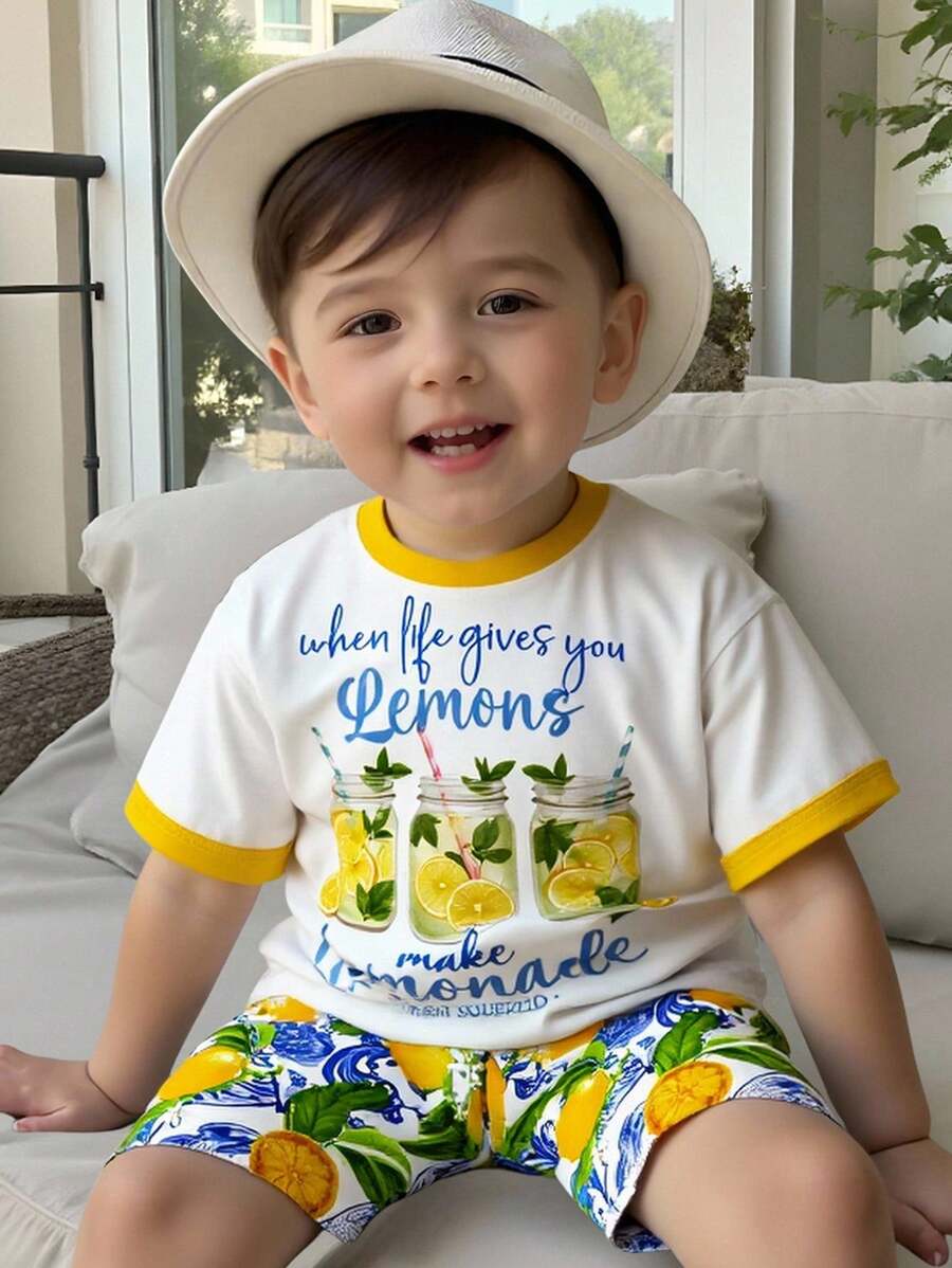LEMON, LEMONADE, VACATION, HOLIDAY, FAMILY TRIP, MOMMY DADDY AND ME, Kids' Choice Collection, Everyday Basic, Happy Kids, Pastel Colors For Kids, Bikercore, Family Trip, Happy Days, I Love Mommy, I Love Daddy, Lovely Home, Cool Kids, Young Boy Casual Minimalist Round Neck Short Sleeve T-Shirt And Shorts 2 Pieces Set, Suitable For Summer
