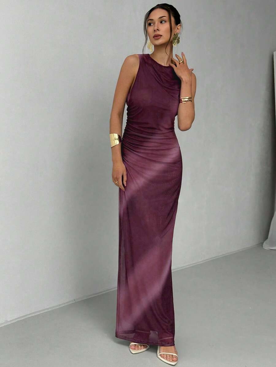 Aloruh Abito estivo da donna slim fit a maniche corte, con collo rotondo, stampa a tintura a spirale e pieghe