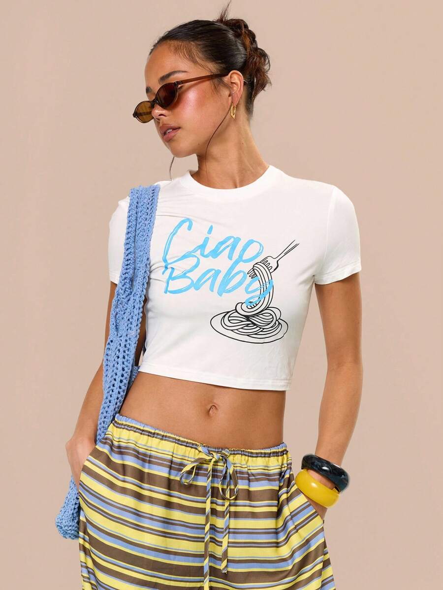 MUSERA "Ciao Baby" Graphic Print Cropped Fitted Baby Tee Summer Vacation Holiday Festival Cute Casual Elegant Tuscan Sun Airport Fall Back To School