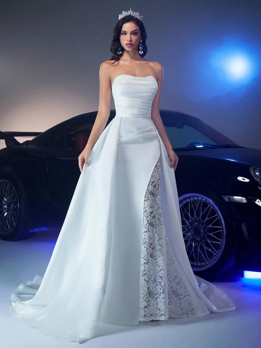 Glamrae Robe élégante et luxueuse avec épaules dénudées, en dentelle et satin, avec des détails froncés, une fente sexy sur la cuisse, et une traîne volantée amovible. Convient pour les mariages, les fêtes, les vacances, les lunes de miel, les robes de mariée.