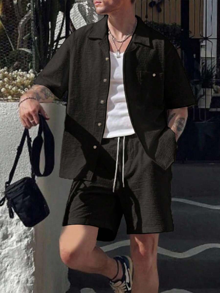 Manfinity Homme Men's Simple Solid Color Short Sleeve Shirt And Drawstring Waist Shorts Set, Summer Casual Men Two Piece Casual Short Sets Men S Co Ord Set Short Europe Summer Outfits For Men Set
