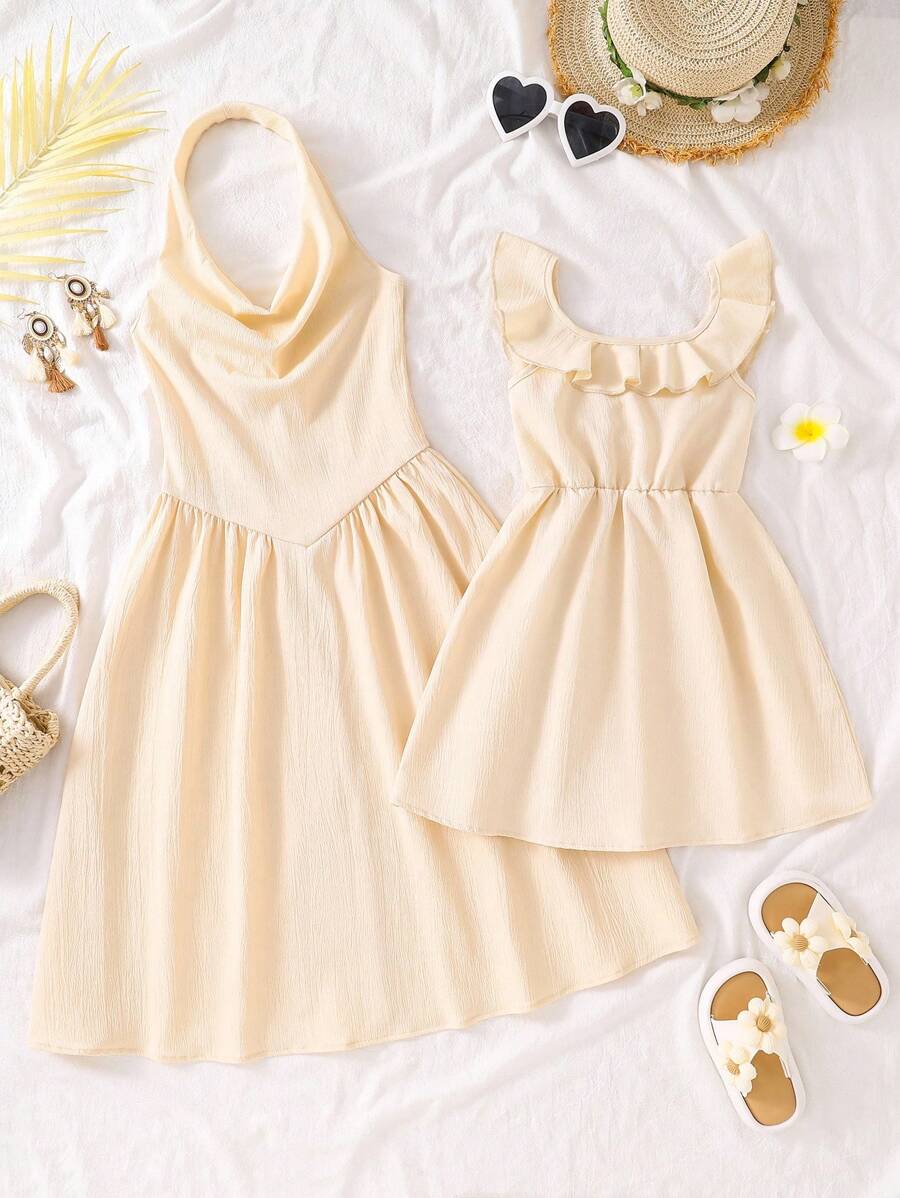 Vestido elegante sin mangas de color albaricoque sólido y dulce para niña