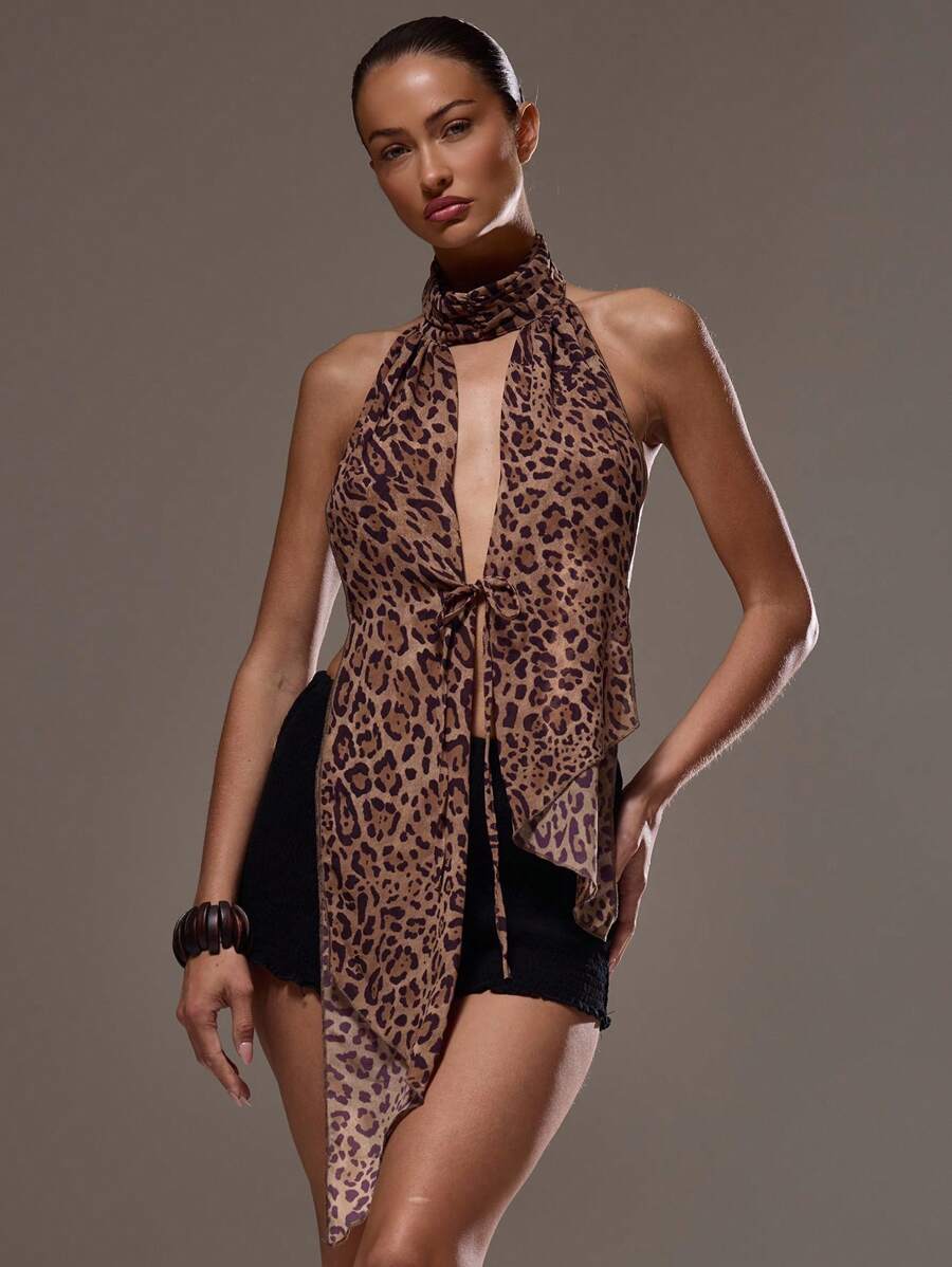 MUSERA Top sin mangas con estampado de leopardo, cuello halter, con doble lazo delantero y drapeado, para verano, festivales, vacaciones, look lindo y sexy, estilo vaquera, primavera, Ibiza, salir, club