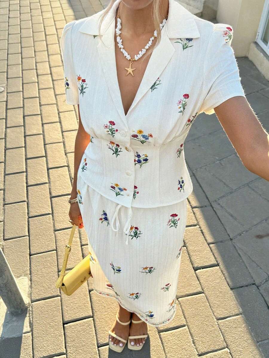 SHEIN Frenchy Women All White Floral Print Short Sleeve Top And Mini Skirt Casual Two Pieces Set White Floral Dress Women White Midi Dress Summer Midi Dress White Summer Dress Embroidered Floral Dress