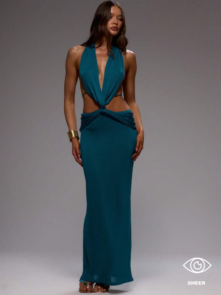MUSERA Halterneck Knot Front Extreme Plunge Cut Out Sides Straight Fit Elegant Maxi Dress For Spring Summer Vacation Wedding Guest Graduation Formal,Summer Dresses For Women Holiday Beach Ibiza Night Out