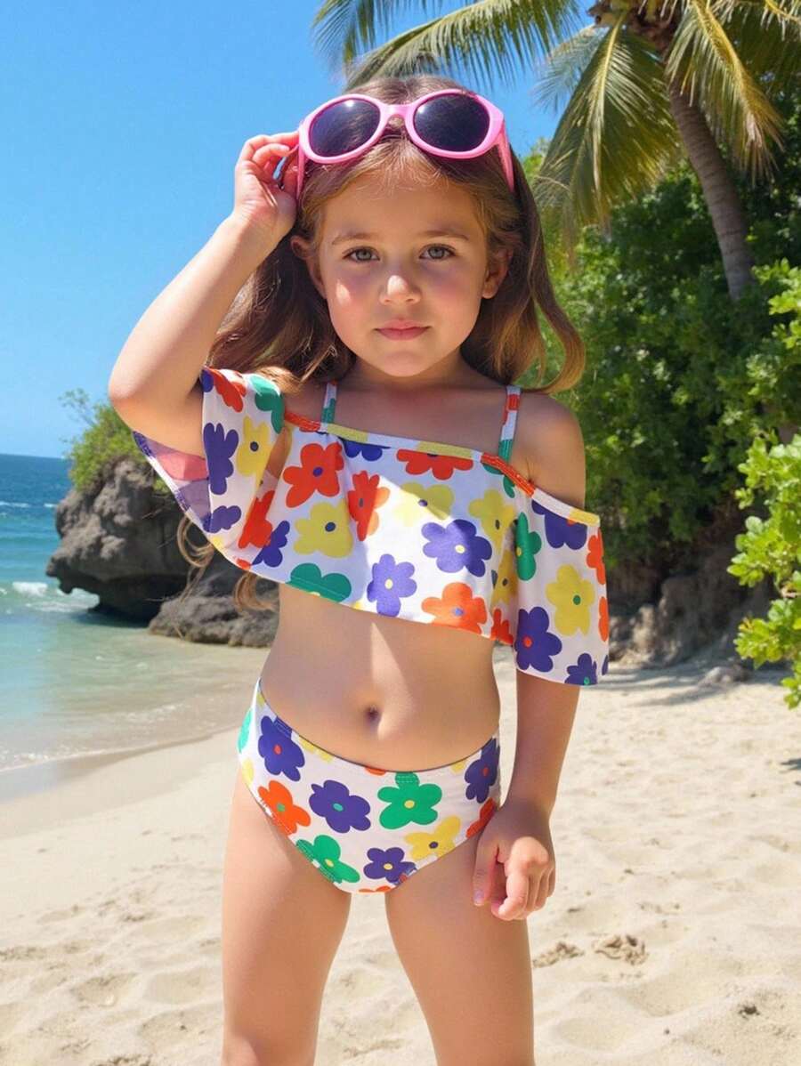 2 pezzi/Set Costume da bagno alla moda con stampa floreale carino per ragazze giovani