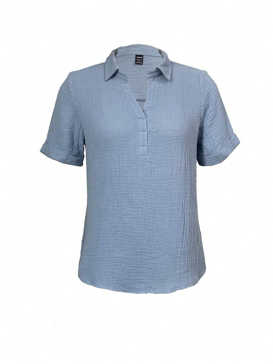 SHEIN LUNE Camisa informal de manga corta y cuello vuelto de unicolor para verano