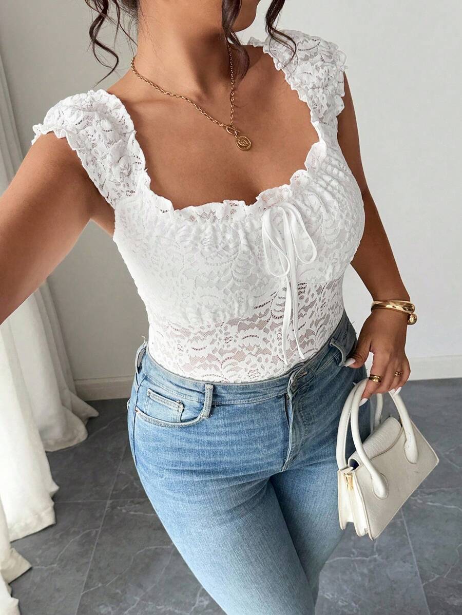 Elenzga Camiseta elegante y dulce para mujer con lazo decorativo de encaje y cordón en el busto