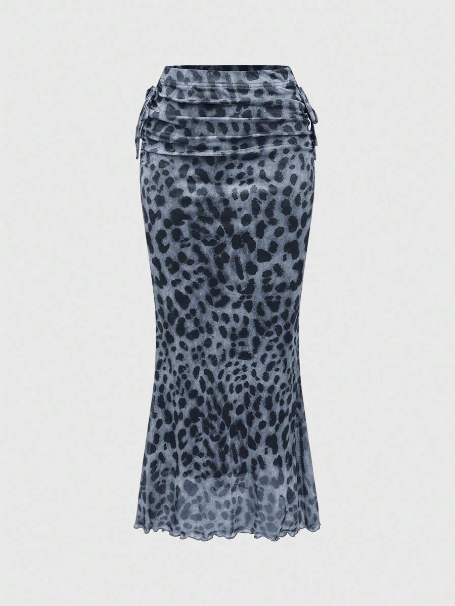 ROMWE J-Fashion Women Leopard Print Pleated Side Tie Waist Fishtail Hem Fashion Skirt