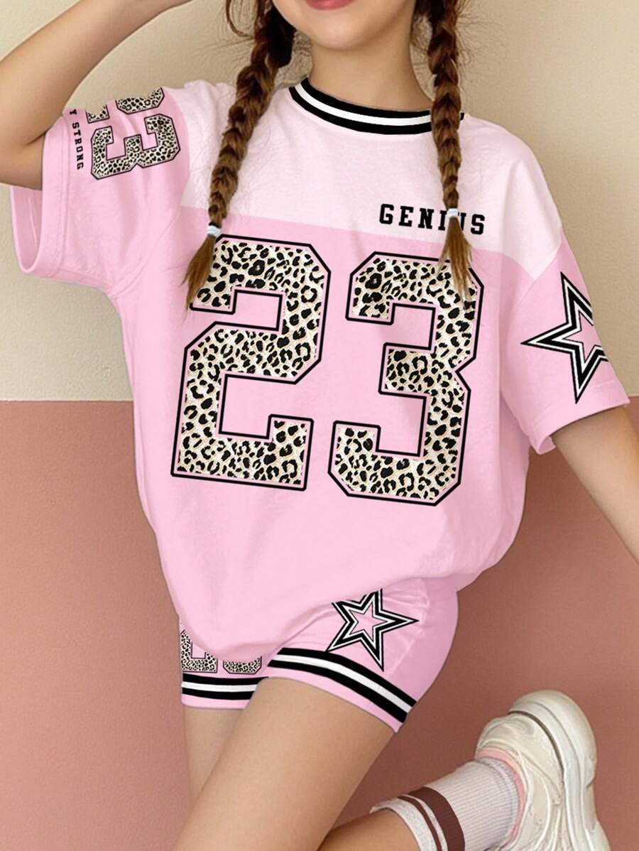 Sports Jersey Outfit, Racecar Pattern, Leopard Print, Star Graphic No. 23, Neon Pink, Teen Girl Casual Minimalist Short Sleeve Loose T-Shirt And Leggings Set, Summer