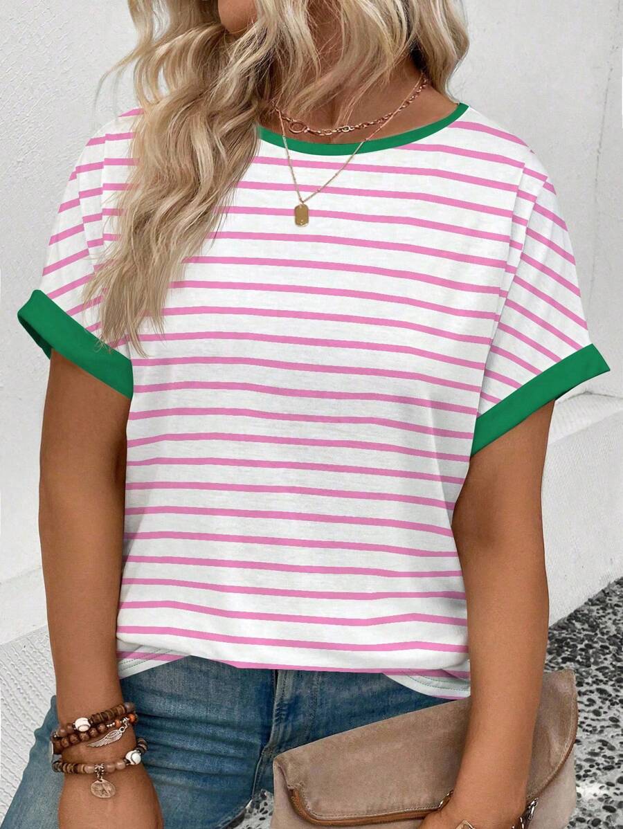 INAWLY Maglietta casual in taglie forti da donna, a maniche corte, con scollo rotondo, con stampa a righe, versatile, per primavera/estate
