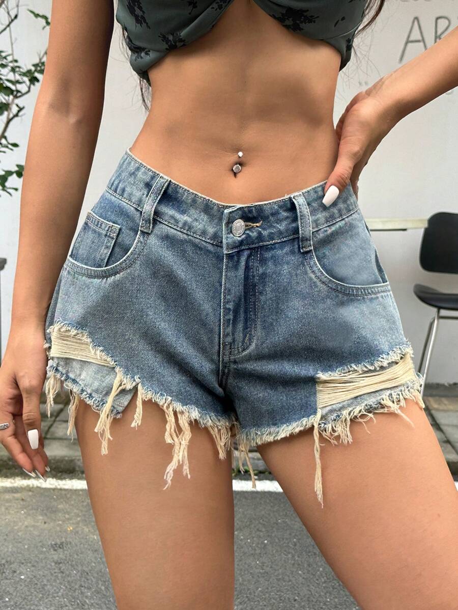 SHEIN Tall شورت جينز مغسول مشوش للنساء - كاجوال
