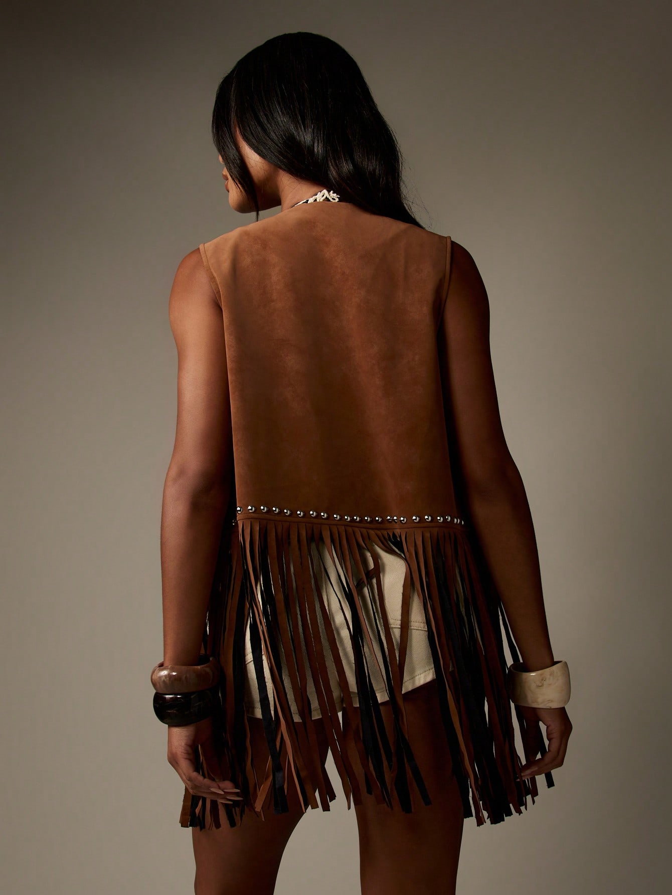 FRINGE VEST SET SUEDE JACKET ブラウンM MISSGUIDED Suede Sleeveless Jacket With Metal Studs Fringe