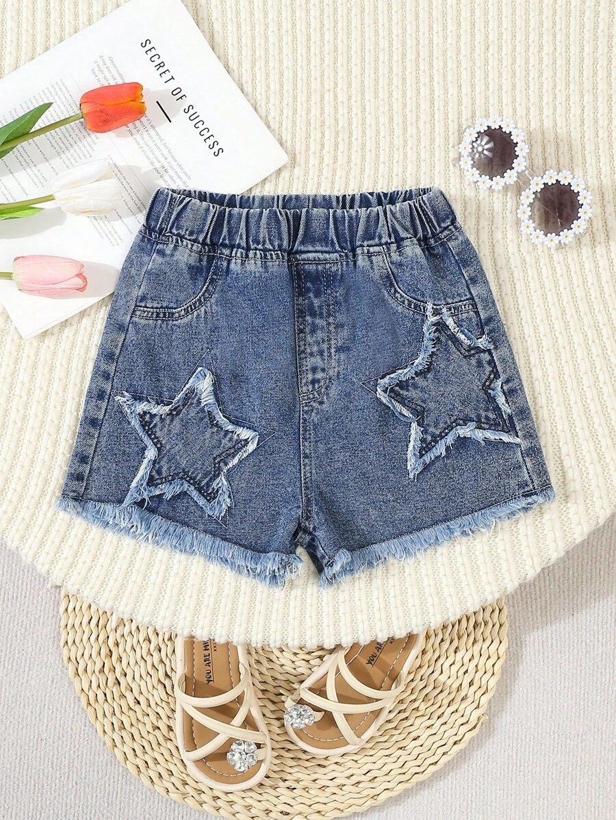 Tween Girls Y2K Style Vintage Light Wash Distressed Denim Shorts With Five-Pointed Star Embroidery, Loose Fit, Soft And Comfortable Fabric, Fashionable And Versatile Casual Streetwear For Girls