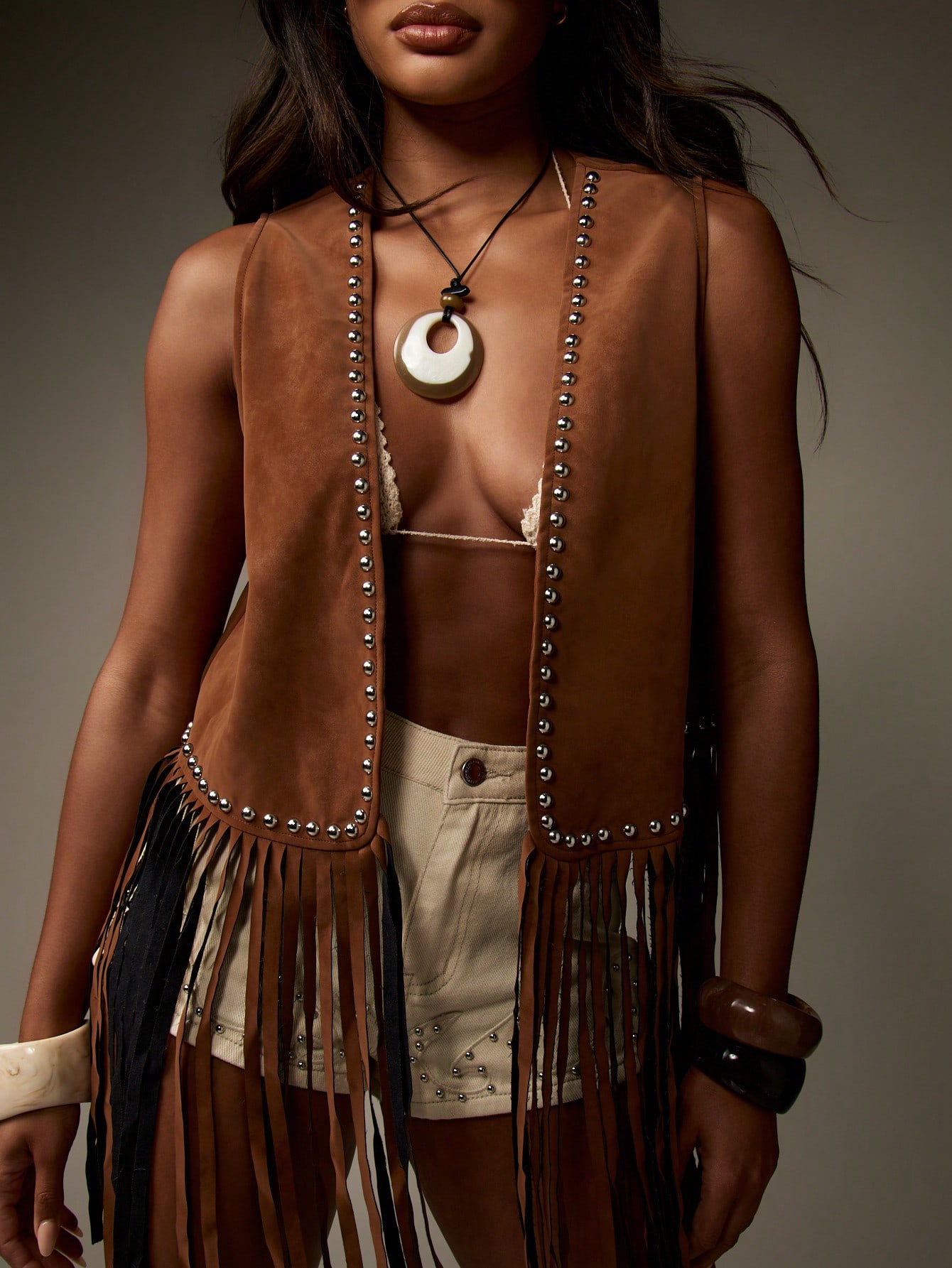 FRINGE VEST SET SUEDE JACKET ブラウンM Fringe Vest Women - Suede Leather Tassel Vest, Vintage