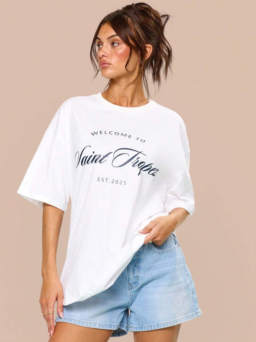MUSERA Saint Trope Graphic Print Oversized T-Shirt Summer Vacation Holiday Festival Cute Casual Elegant Tuscan Sun Airport Outfits Comfy Cute Basics Graphic Tees Oversized Tees Fall Back To School