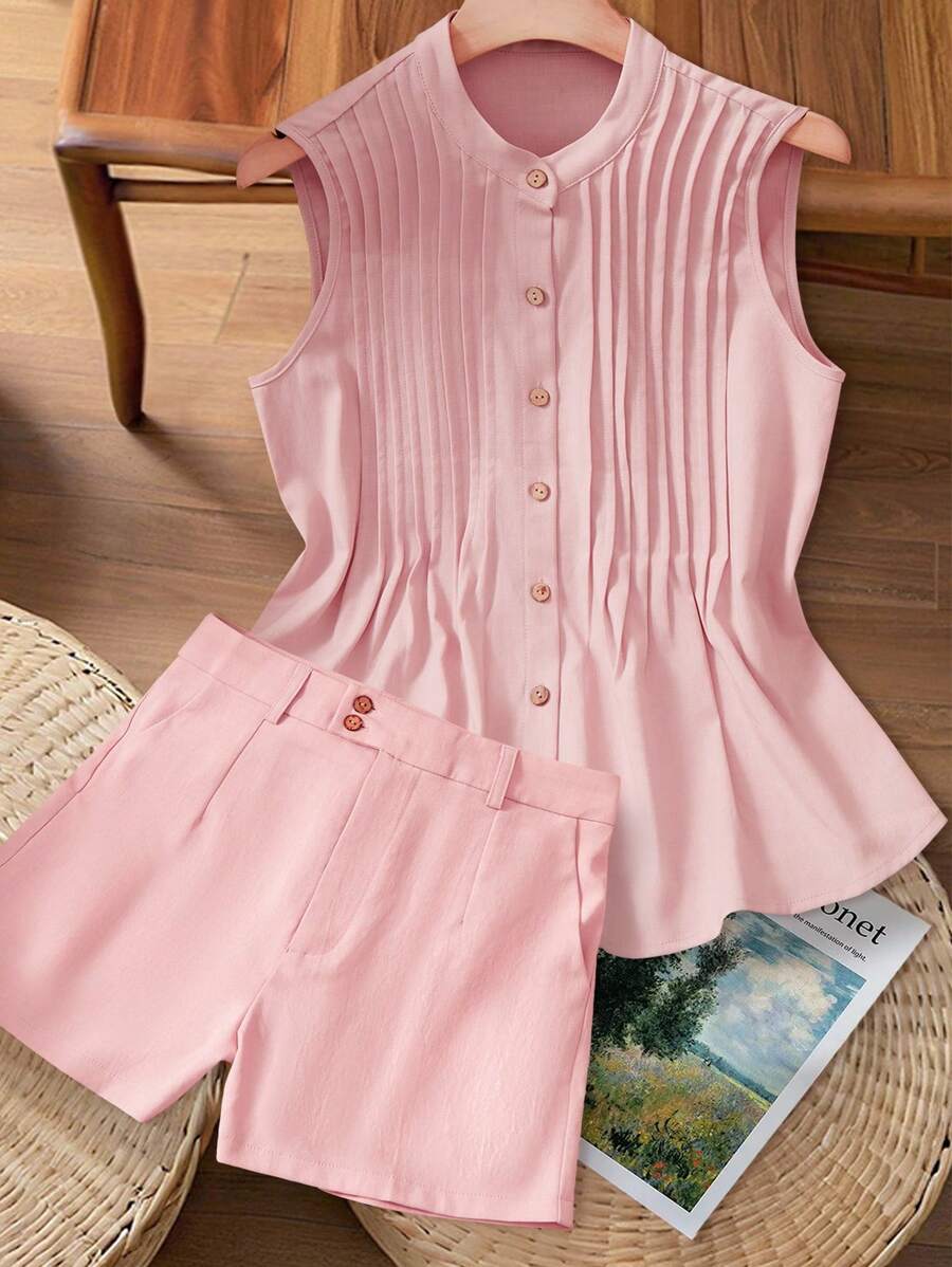 INAWLY 2pcs/Set Women's Casual Solid Color Toothpick Design Single Breasted Sleeveless Top And Shorts Set, Summer