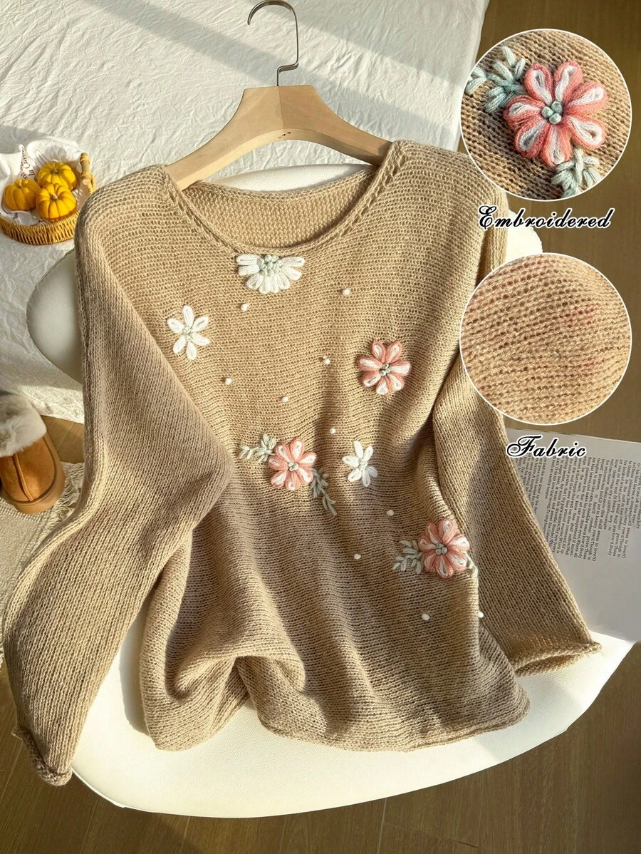 Comfortcana Suéter casual con decoración de flor 3D, talla grande, primavera/otoño