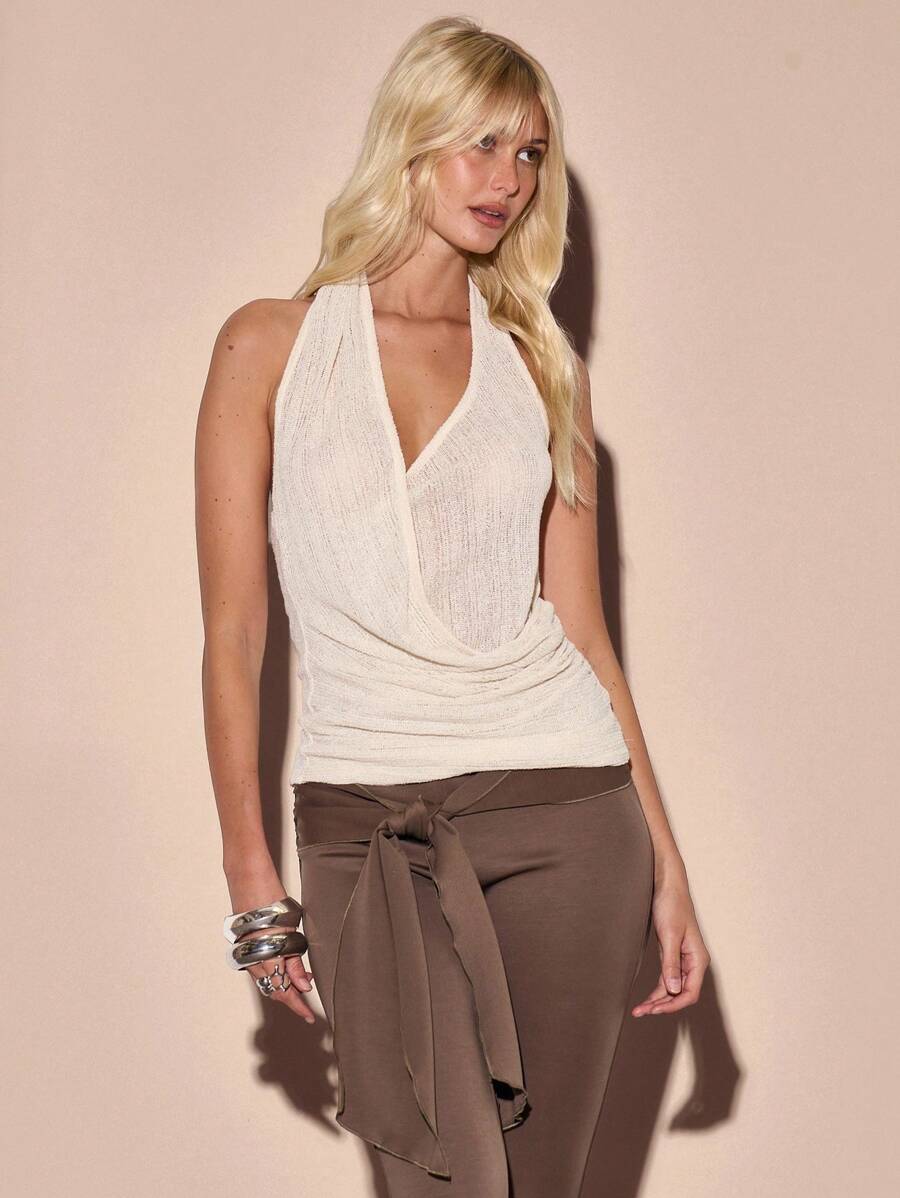 MUSERA Halterneck Lightweight Knit Wrap Drape Front Fitted Longline Sleeveless Top Summer Vacation 90's Streetstyle Cool Girl Festival Holiday Casual Beach