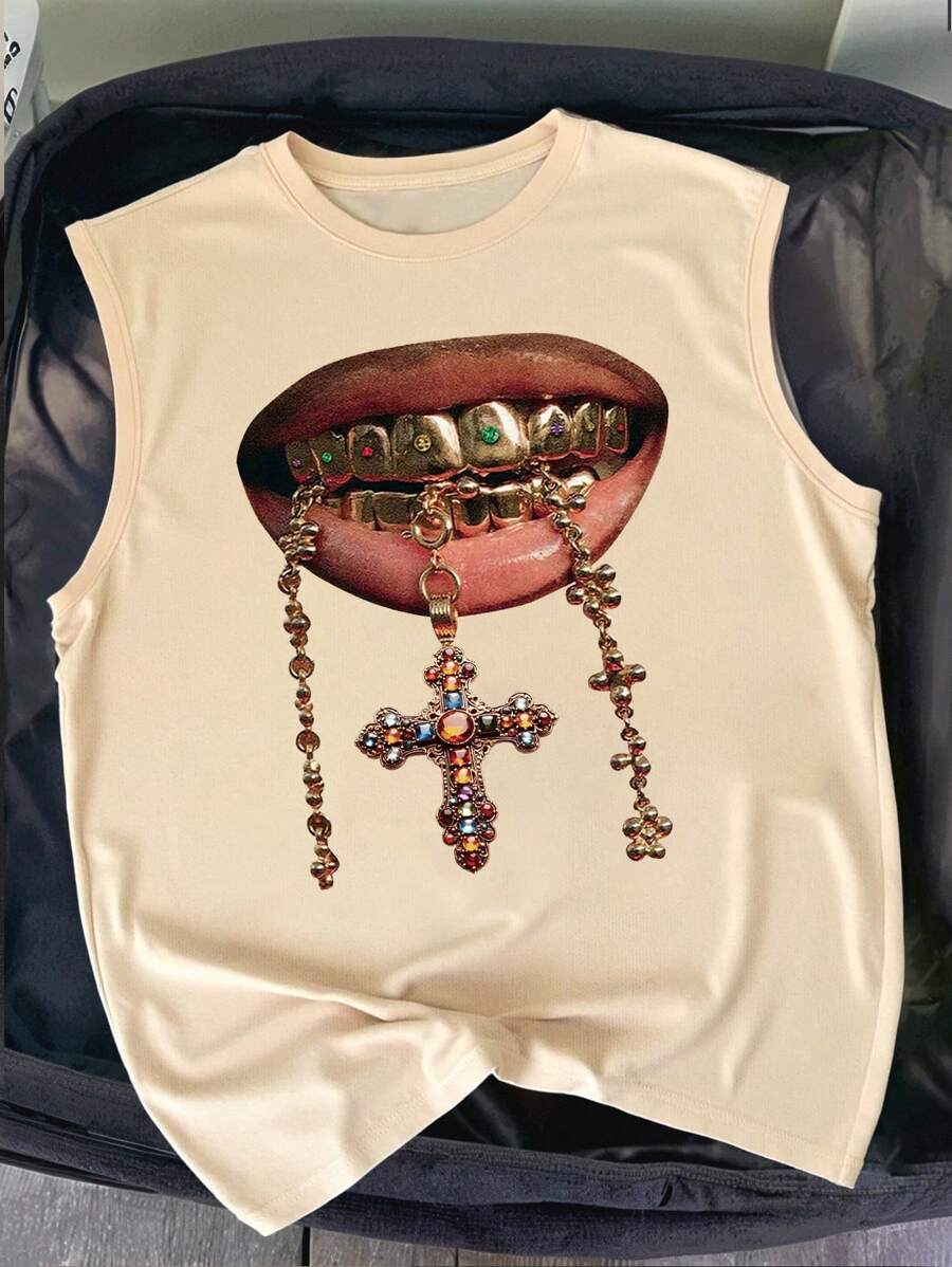 Manfinity Dauomo Plus Size Men's Casual Round Neck Lip Cross Print Vest, Summer