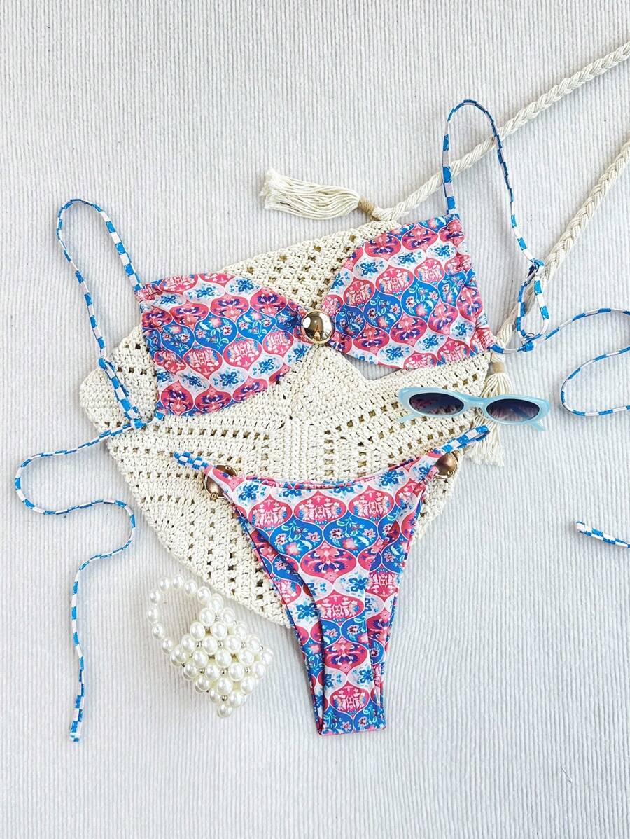 SHEIN 2 pezzi/set Nuovo costume da bagno bikini con nodo laterale a taglio alto e stampa floreale multicolore, per vacanze al mare