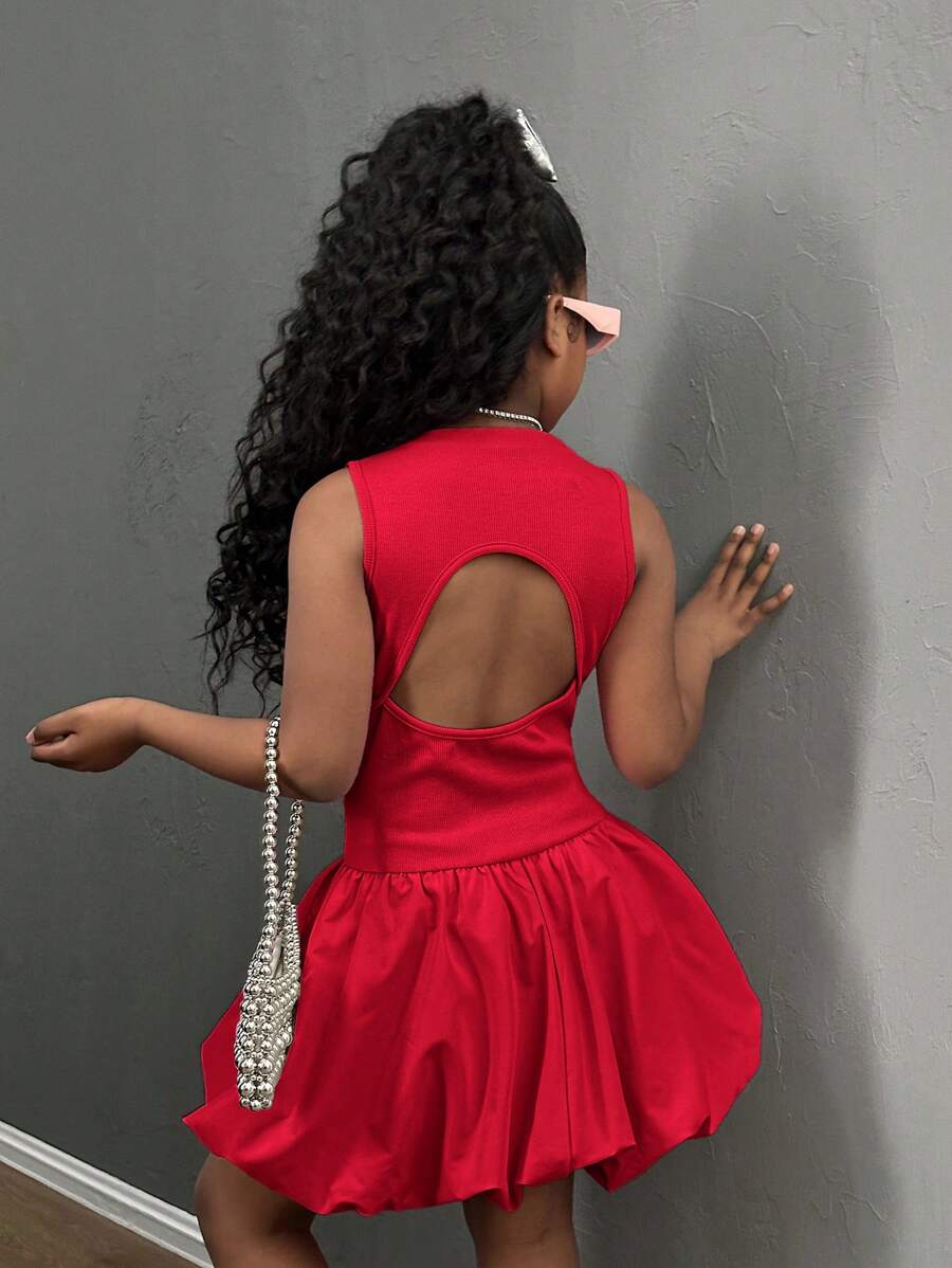 SHEIN Tween Girls Casual Floral Babydoll Dress, Fashion Streetwear Daily Versatile Red Dress Girls Dress Red Bubble Dress Girls Red Dress Dress With Back Cutout Red Girls Dress Cutout Dress