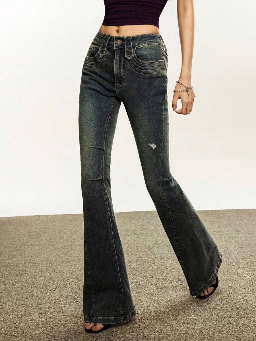 Rina Fox Women's Pockets & Distressed Flare Casual Versatile Jeans