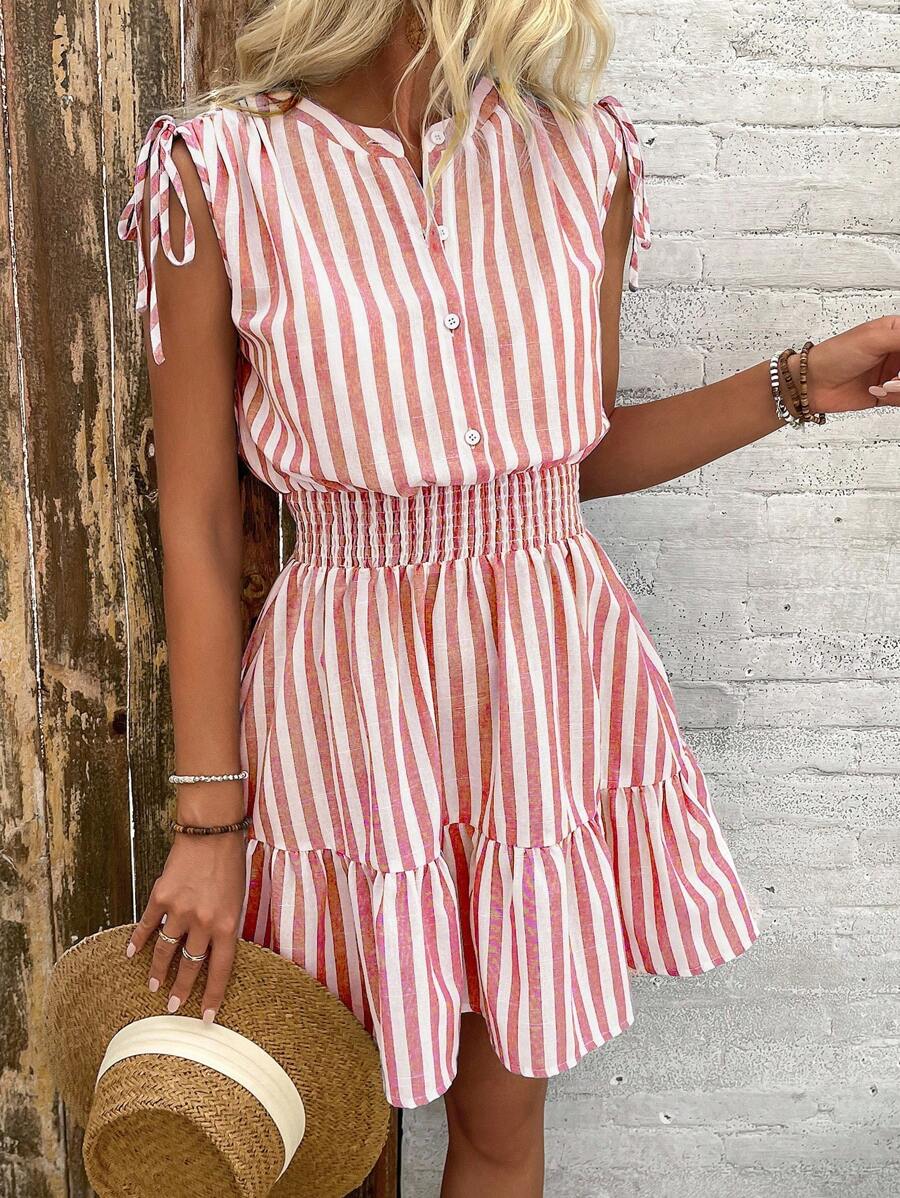 Breezaya Women Summer Blue & White Striped Shoulder Ruffle Bowknot Cinched Waist Cotton Dress