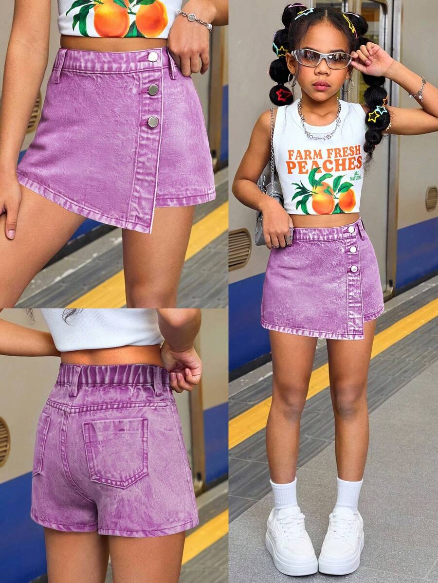 SHEIN Falda vaquera y shorts asimétricos de estilo boho y casual Y2K para niñas preadolescentes, ropa de verano para vacaciones y uso diario en la calle