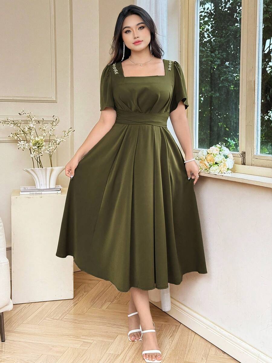 SHEIN Clasi Plus Size Women's Summer Retro Rhinestone Decor Square Neck Elegant Artistic Style French Style Dress