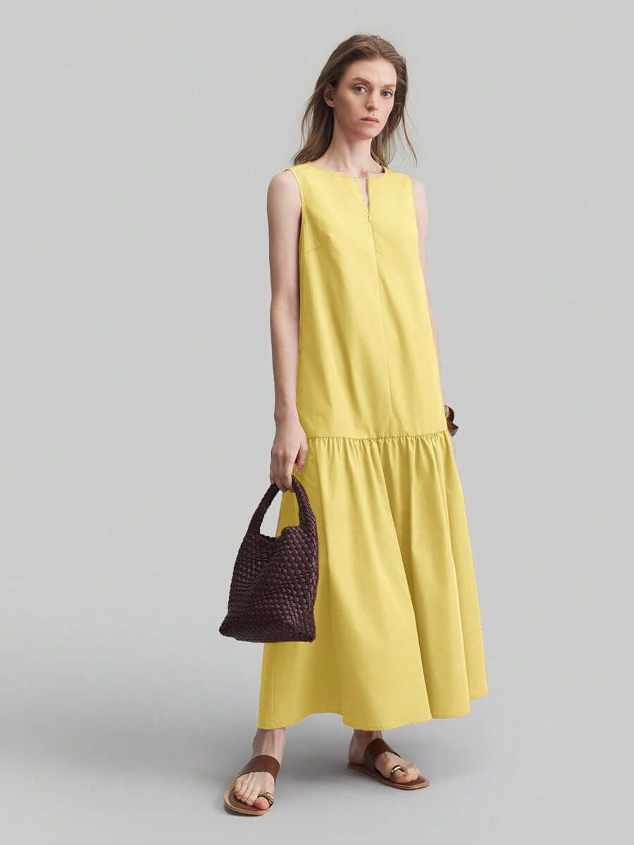 Ontre Vestido largo sin mangas de cuello redondo para mujer, estilo retro, amarillo, uso diario casual, vestido maxi sin camisa de unicolor minimalista, Vestido de vacaciones