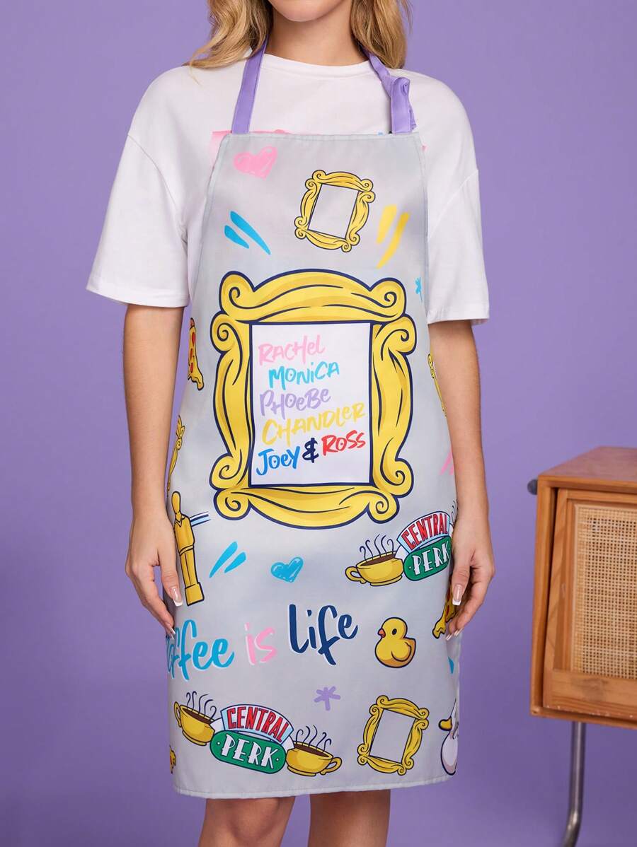 FRIENDS X SHEIN 1 pieza Delantal con estampado de dibujos animados de café, pizza y patito, a prueba de agua y aceite, de moda y versátil, adecuado para cocina y hornear