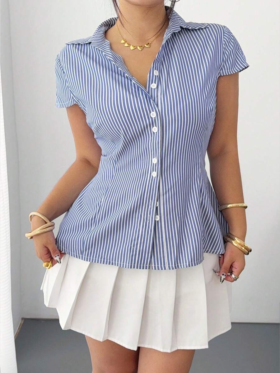 SHEIN POPSWAY Plus Size Blue & White Striped Slim Fit Blouse