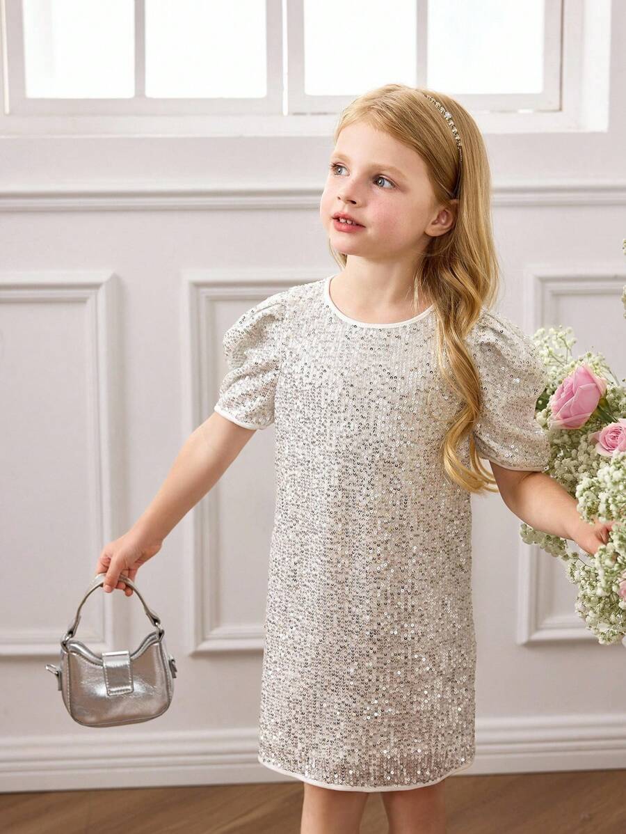 Young Girl Elegant Cute Silver Sequin Short Sleeve Dress Girls Sequin Dress Girls Glitter Dress Girls Shimmer Dress Kids Sequin Dress Girls Silver Dress Halloween Dress Christmas Dress Birthday Dress