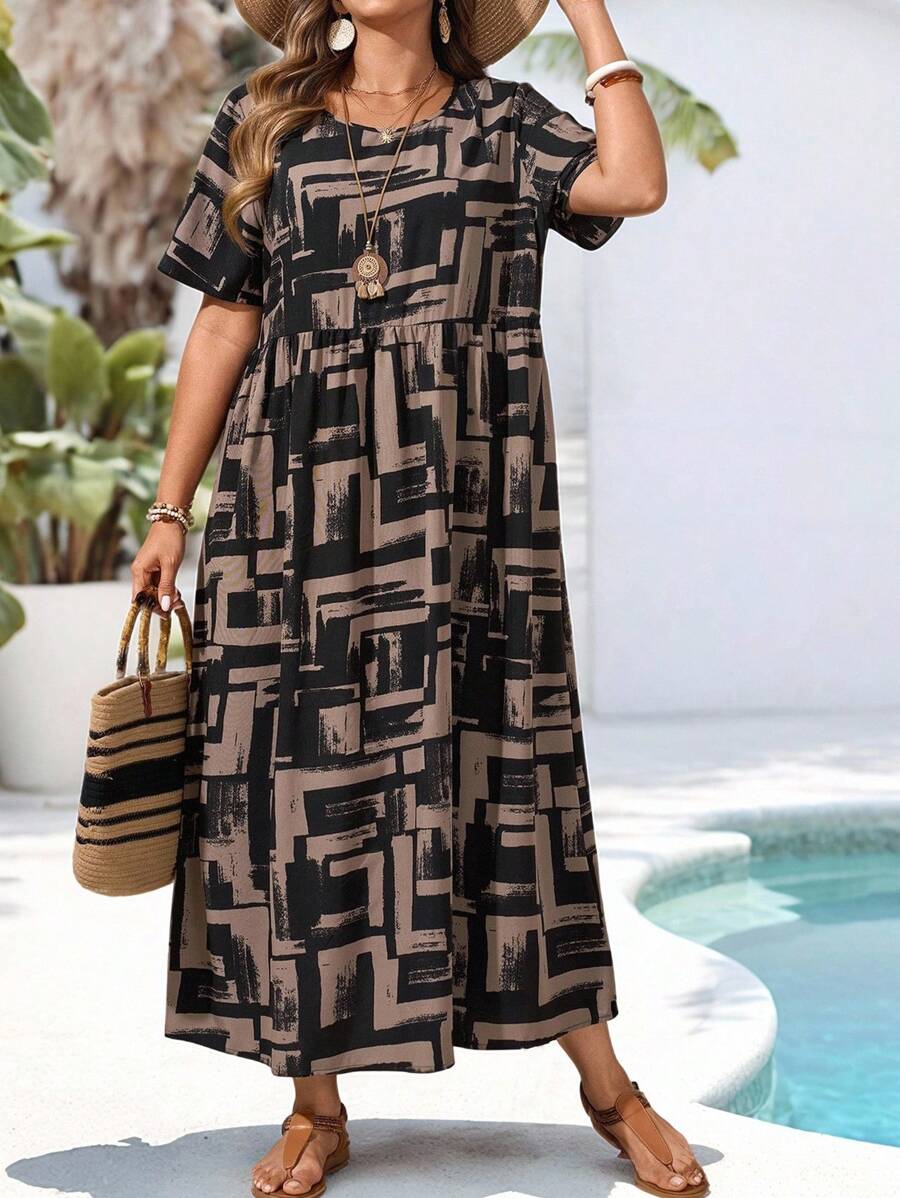 EMERY ROSE Robe décontractée à col rond et manches courtes avec imprimé géométrique pour femmes en grande taille