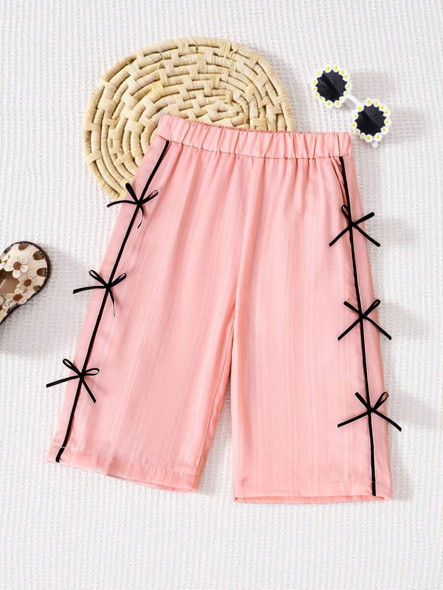 SHEIN Playful Pals Pantaloni lunghi eleganti da bambina in rosa tinta unita con fiocco nero, set estivo