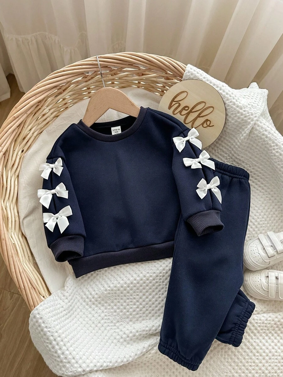 Ensemble bébé fille pull à capuche à manches longues avec nœud papillon bleu marine et pantalon à taille élastique, automne/hiver