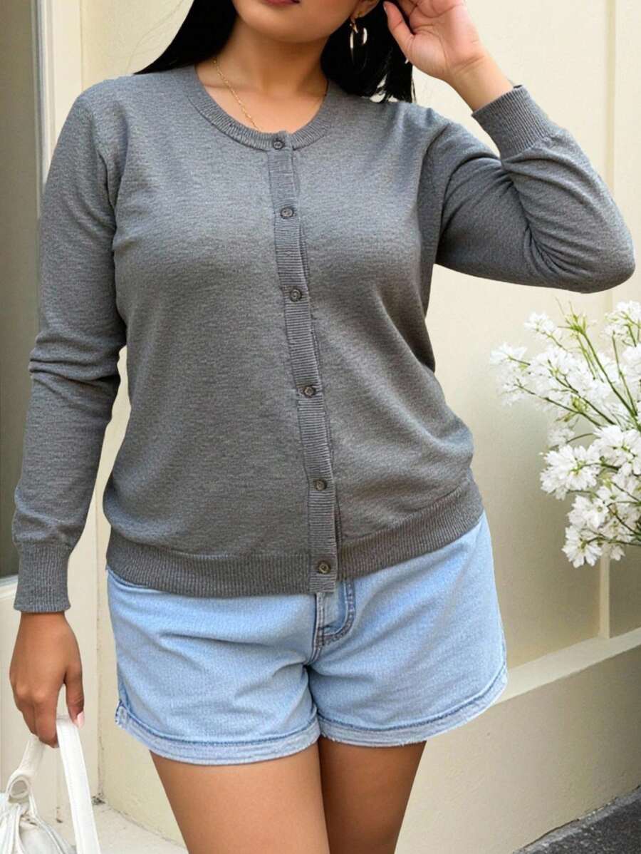 INAWLY Plus Size Front Button Long Sleeve Minimalist Casual Top, For Winter