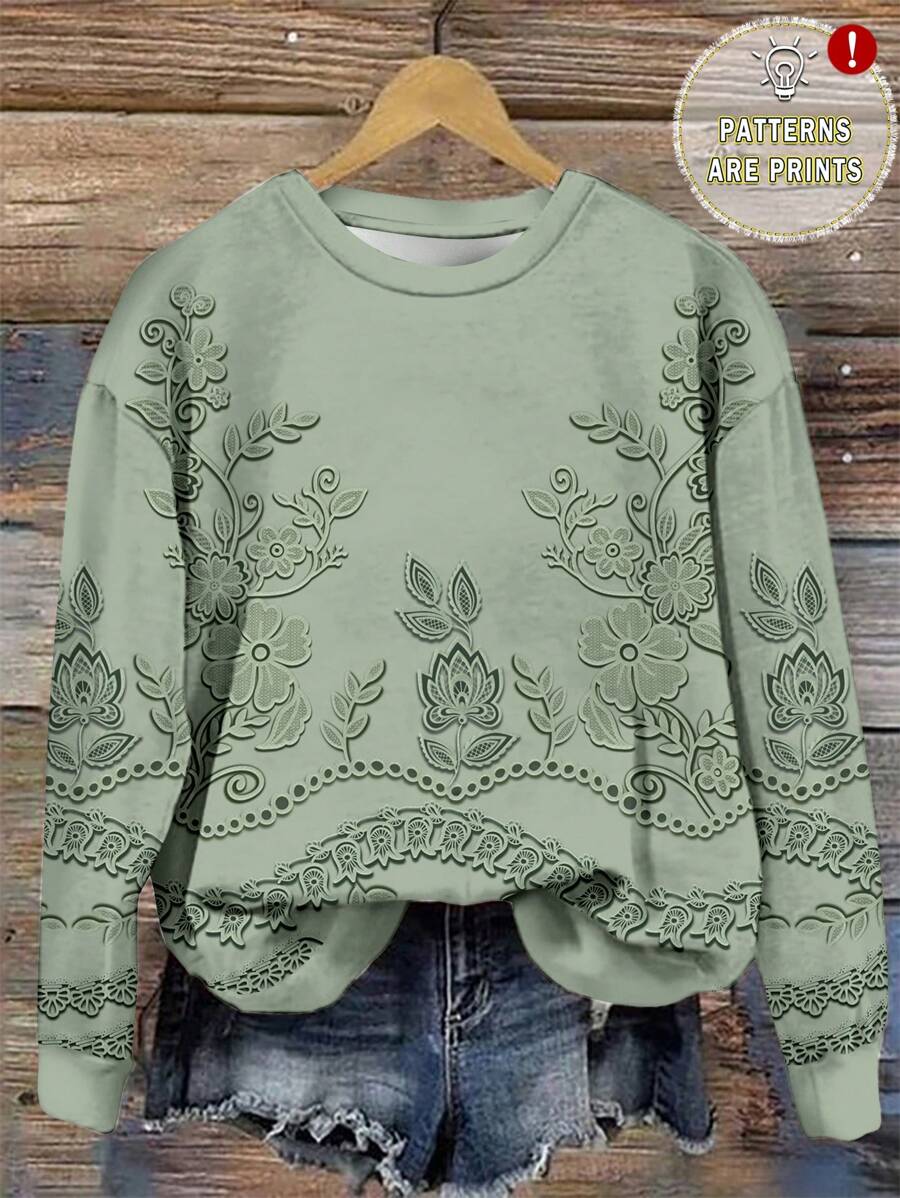 SHEIN LUNE Sudadera holgada de cuello redondo de manga larga con estampado de encaje falso, adecuada para otoño/invierno