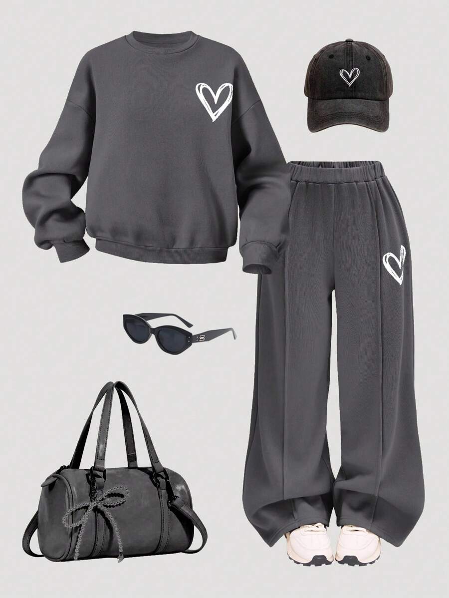 SHEIN Girlism Tween Girls Casual Heart Print Knit Solid Color Loose Drop Shoulder Long Sleeve Hoodie And Wide Leg Sweatpants Set