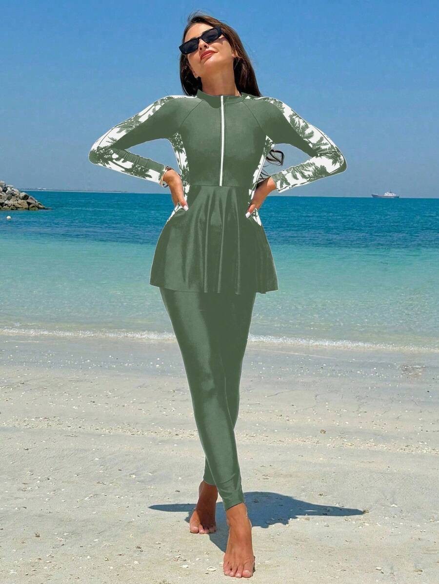 Swim Shayni 2pcs Women's Casual Palm Tree Print Long Sleeve Top And Shorts Burkini Swimsuit Set