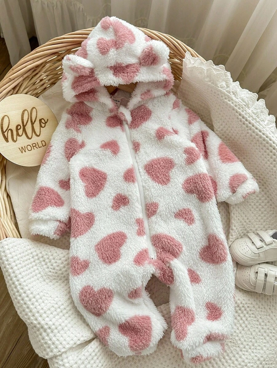 Pelele con capucha con estampado de corazón esponjoso para bebé recién nacida, otoño/invierno