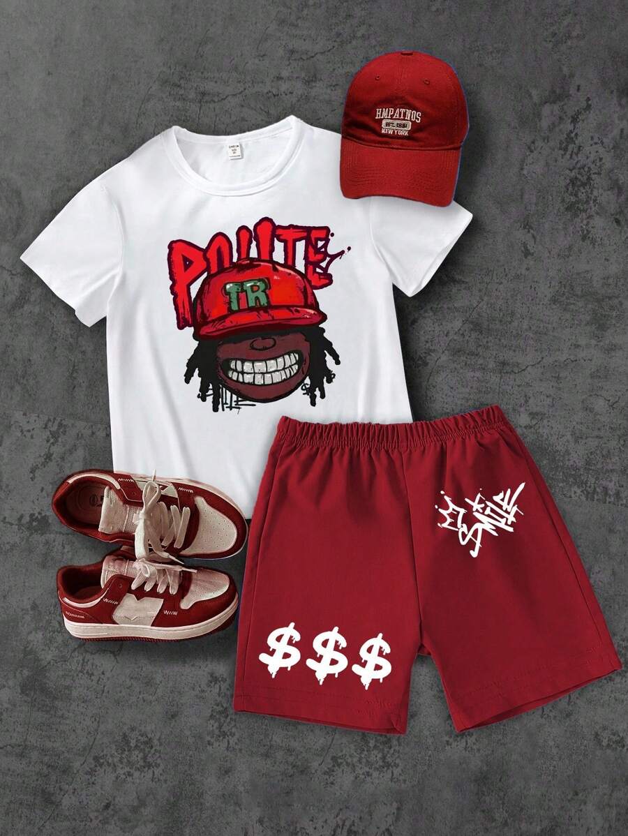 Conjunto de camiseta y pantalones cortos de moda casual para niños con estampado de logotipo de silueta de rostro de dibujo animado, para verano