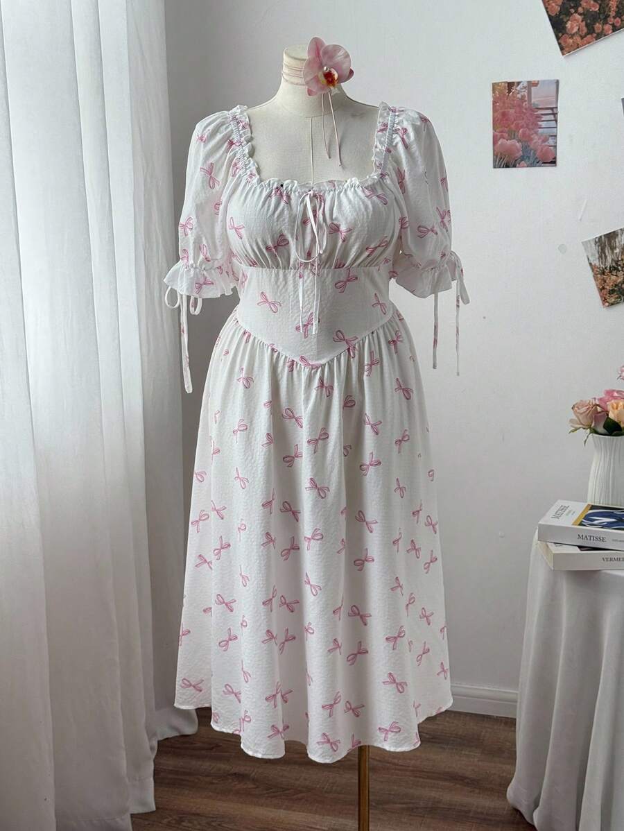 Sweetra Plus Size Women Butterfly Print Ruffle Trim Square Neck A-Line Dress