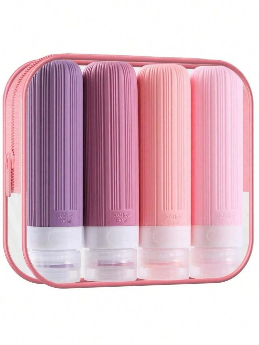 SHEIN 4 Pcs Travel Bottles For Toiletries, 3oz Leak Proof Travel Bottles, Silicone Squeezable Containers, Travel Accessories Refillable Bottles With Toiletry Bag Home Bathroom Decor Summer