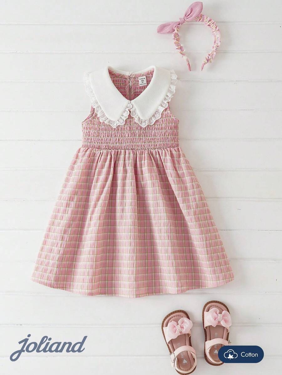 Joliand 1 pezzo Vestito elegante da ragazza giovane Joliand, a quadri rosa, con decorazioni in pizzo bianco, colletto a rever, senza maniche, a-line, adatto per festa, viaggi, matrimoni, estate