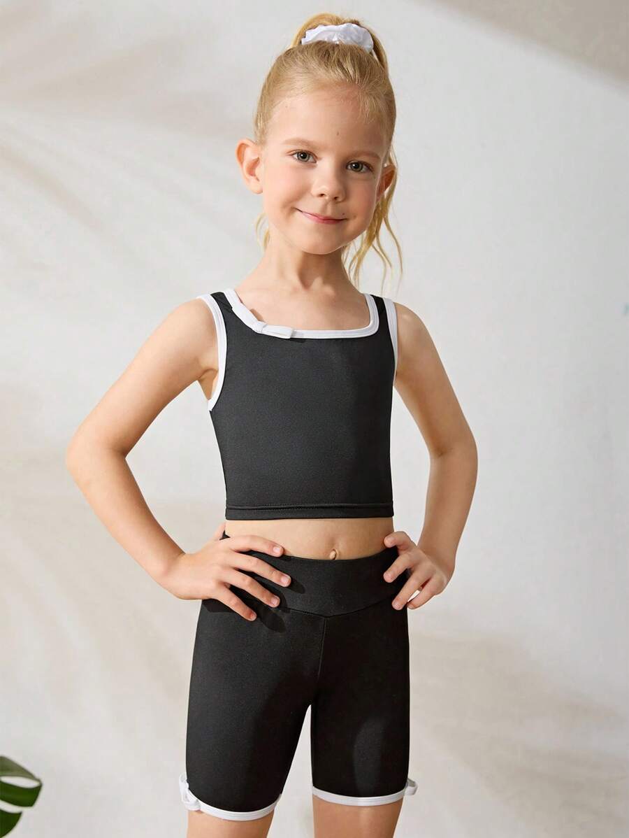 SHEIN Young Girls' Athleisure Set, High-Stretch, Black Fitted Tank Top, White Bow Decor + Elastic Waist Skinny Leggings, Soft, Comfortable, Casual, Suitable For Leisure, Outdoor Sports, And Various Casual Occasions