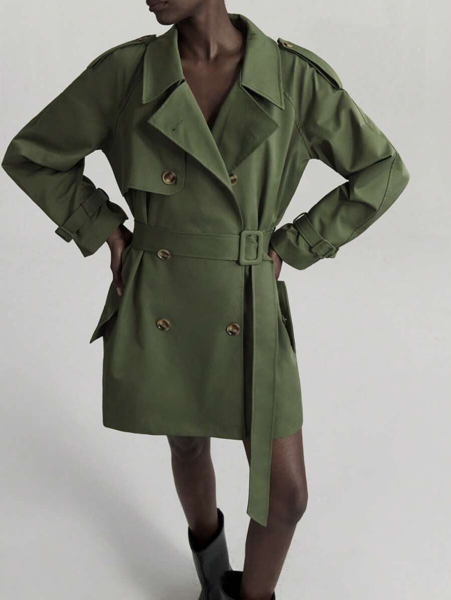 Ontre 2025 Women's Green Long Sleeve Double-Breasted Trench Coat, Casual Daily And Commuting Versatile Coat