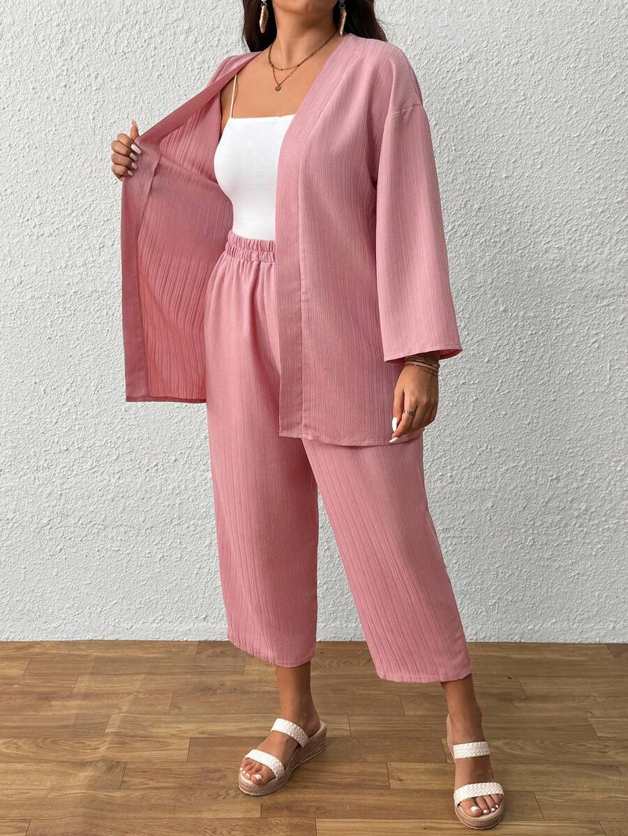 SHEIN Set di due pezzi per donne taglie forti: giacca aperta monocolore e pantaloni casual a gamba ampia